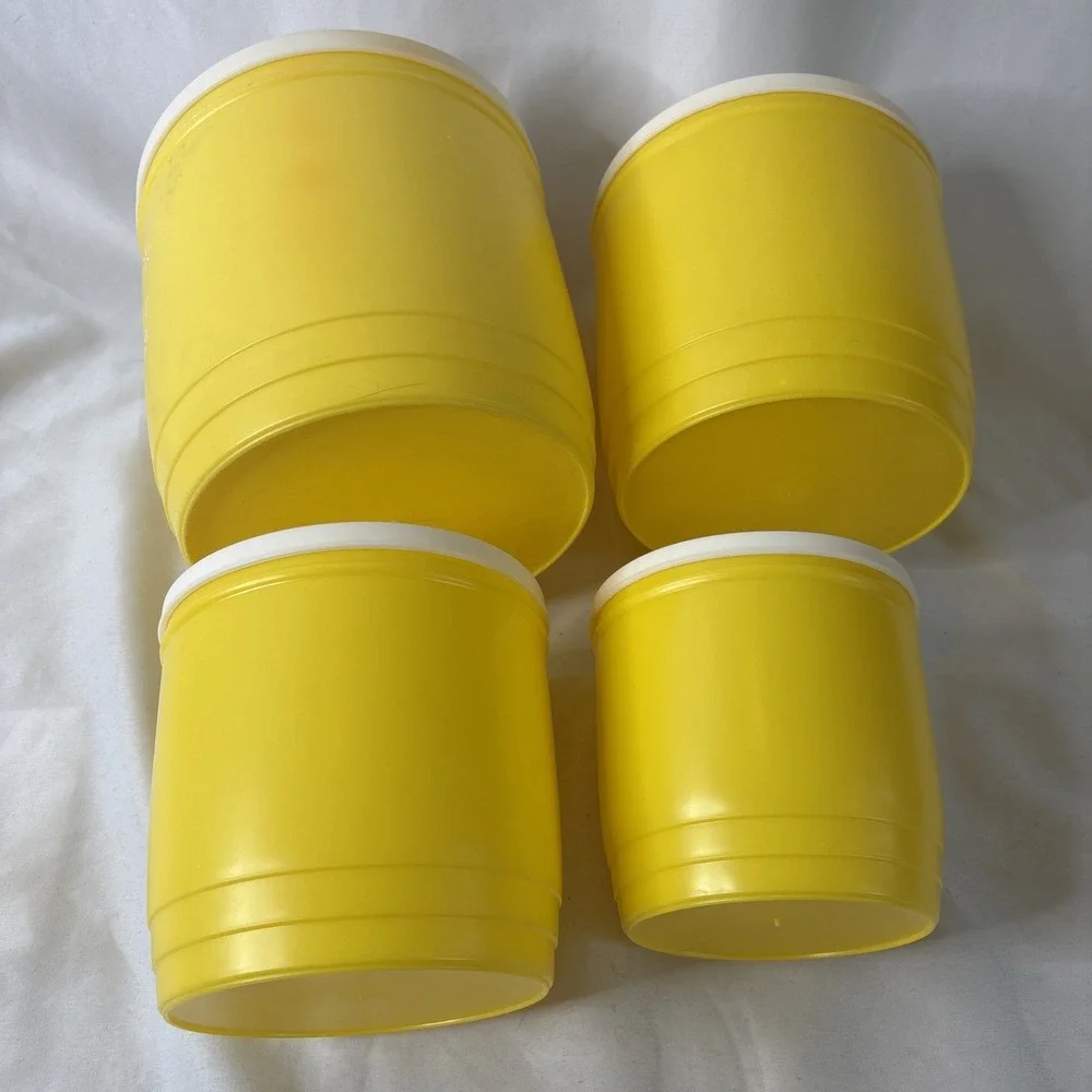 Vtg 1950s Stanley Atomic Plastic Canister Set Yellow Nesting MCM 4Pc Retro Sugar